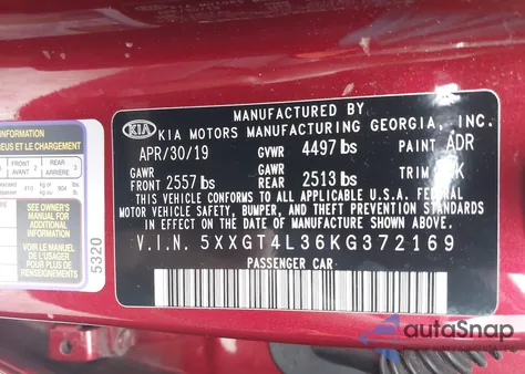 2019 Kia Optima S from USA, damaged, VIN 5XXGT4L36KG372169